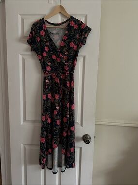 Floral High-Low Wrap Dress in Black with Pink Blossoms